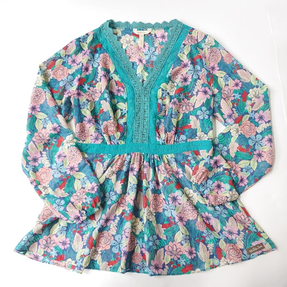 Matilda Jane sheer floral top women's Large green pink